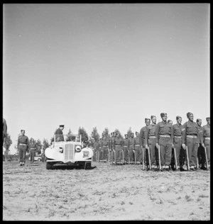 Winston Churchill inspecting units of the New Zealand Division, outside Tripoli, Libya, during World War 2 - Photograph taken by H Paton