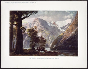 Rooney, John William, 1869-1952 :The Lion and Pembroke Peak, Milford Sound / J W Rooney. - Shirley [Christchurch]; Printed and published by Edmund E C Hyde for the Christchurch Press, 1935.