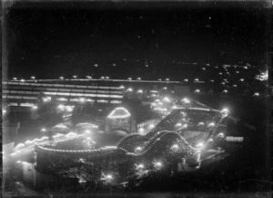 The New Zealand and South Seas International Exhibition lit up at night, May 1926
