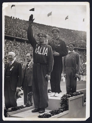 Photograph of the 1936 Berlin Olympic Games medal ceremony for the 1500 metres final