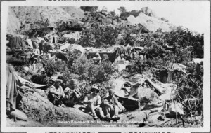 Indian bivouacs on a hillside at Anzac Cove