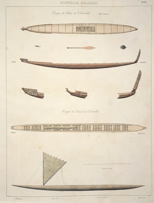 Paris, Edmond Francois, 1806-1893 :Nouvelle Zelande. Pirogue de l'Anse de l'Astrolabe. Pirogue du Canal de l'Astrolabe. E. Paris pinx. ; Laurent lith. [Paris, 1833]