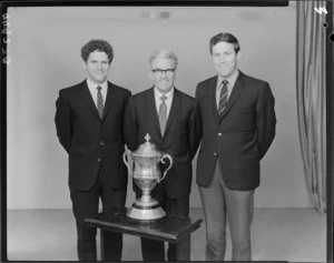 Unidentified group of three men with the Chatham Cup soccer trophy, May 1972 [Jeffery?]