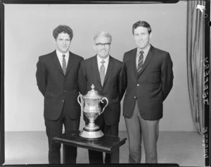 Unidentified group of three men with the Chatham Cup soccer trophy, May 1972 [Jeffery?]