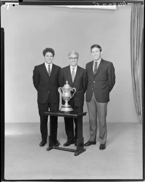 Unidentified group of three men with the Chatham Cup soccer trophy, May 1972 [Jeffery?]