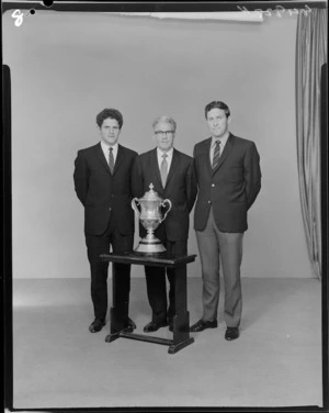 Unidentified group of three men with the Chatham Cup soccer trophy, May 1972 [Jeffery?]