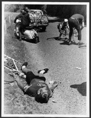 Cyclist Paul Mathews lying on the Paekakariki Hill Road after an accident