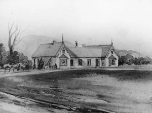 Photograph of sketch depicting original Riddiford homestead at Woburn, Lower Hutt