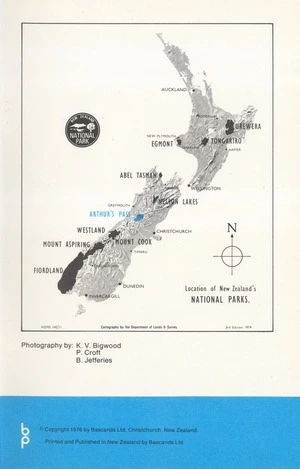 Location of New Zealand's National Parks. Arthur's Pass / cartography by the Department of Lands & Survey.