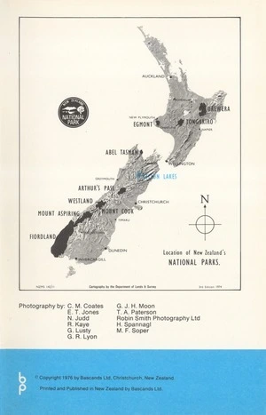 Location of New Zealand's National Parks. Nelson Lakes / cartography by the Department of Lands & Survey.