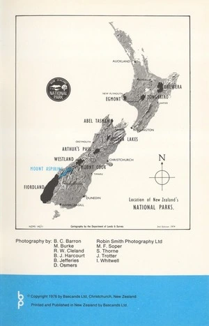 Location of New Zealand's National Parks. Mount Aspiring / cartography by the Department of Lands & Survey.