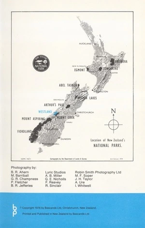 Location of New Zealand's National Parks. Westland / cartography by the Department of Lands & Survey.