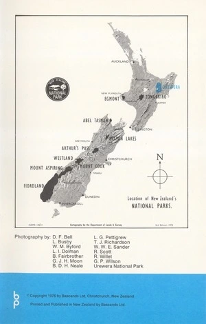 Location of New Zealand's National Parks. Urewera / cartography by the Department of Lands & Survey.
