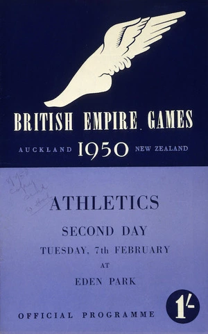 British Empire Games, Auckland, New Zealand, 1950 :Athletics, second day. Tuesday, 7th February at Eden Park. Official programme [cover]. 1950.