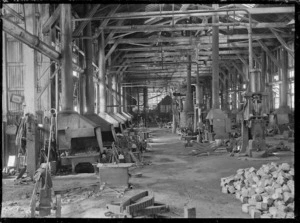 Interior view of the blacksmiths' shop at Hillside Railway Workshops, Dunedin.