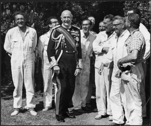 Governor General Sir Arthur Porritt laughing with a group of painters at Government House - Photograph taken by Morris James Hill