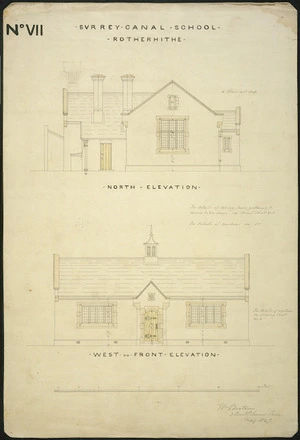 Beatson, William, 1808?-1870 :Surrey Canal School, Rotherhithe. No. VII. North elevation [and] West or front elevation. May 1847.