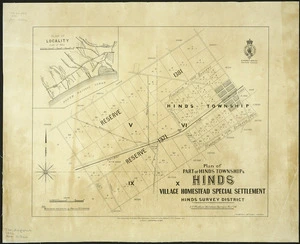 Plan of part of Hinds township & Hinds village homestead special settlement : Hinds survey district / L.O. Mathias, assistant surveyor, Novr. 86.