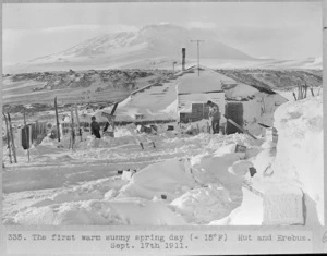 Exterior of the Scott's hut after winter, during the British Antarctic Expedition of 1911-1913