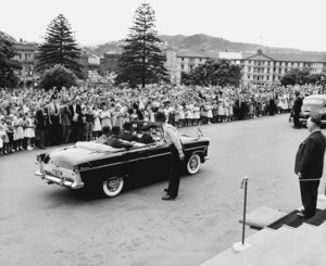 His Royal Highness the Duke of Edinburgh leaving Parliament on his way to the Gear Meat Company in Petone
