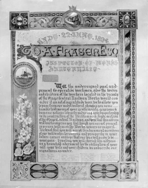 Photograph of an illuminated address presented to A Fraser