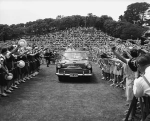 Her Majesty the Queen Mother being driven through Pukekura Park, New Plymouth, in an open car
