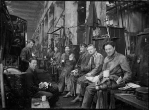 Group of men having a break at Petone railway workshop