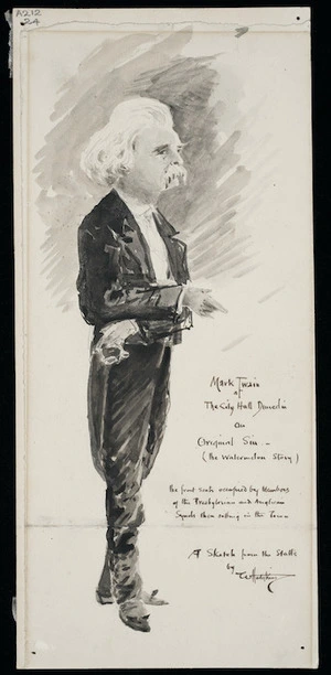 Hodgkins, William Mathew 1833-1898 :Mark Twain at the City Hall Dunedin on original sin - (the watermelon story) [1895]. The front seats occupied by Members of the Presbyterian and Anglican synods then sitting in the town. A sketch from the stalls by W. Hodgkins
