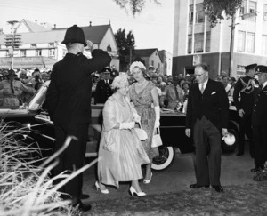 Her Majesty the Queen Mother makes a brief call at the Auckland Town Hall to meet the Council and the Mayor, Mr K N Buttle