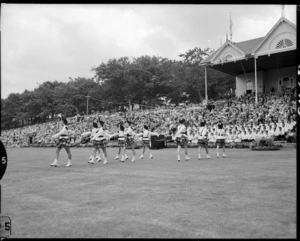 The Scottish Hussars, New Zealand's top team of Marching Girls perform at the Civic welcome for Her Majesty Queen Elizabeth, the Queen Mother, at the Domain, Auckland