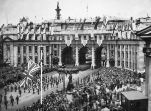 World War II troops marching through Admiralty Arch, London