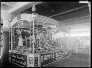 Stall at a trade fair advertising and displaying the produce of Browne Brothers & Geddes, wholesale manufacturing confectioners