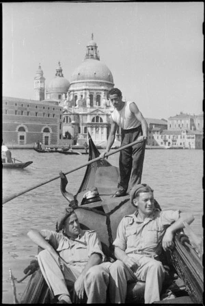 New Zealand World War 2 soldiers on leave in Venice, Italy, riding in a gondola