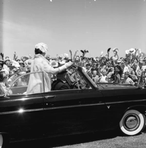 Her Majesty the Queen Mother being greeted by children at the Civic Welcome at McLean Park in Napier