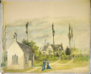 [Thomas, E. A. C.] b. 1825 :Church and Mr Poole's parsonage, Mutueka, April 1879.