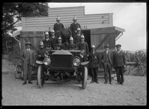 Members of the Silverstream Fire Brigade with their Dennis fire engine at the newly established Silverstream Fire Station