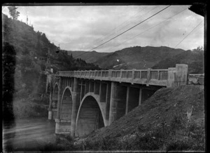 Road bridge under construction over the Manawatu River in the Manawatu Gorge at the Woodville end