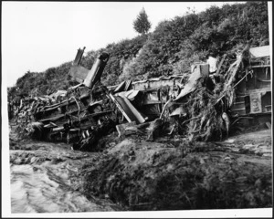Wrecked railway carriages at the scene of the railway disaster at Tangiwai