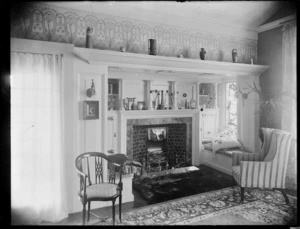 Fireplace area inside the house Matitiki at Opawa, Christchurch, designed by Clarkson and Ballantyne for Robert Malcolm