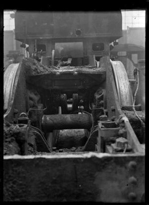 Garratt locomotive frames at the Hutt Railway Workshops, showing accumulated dirt