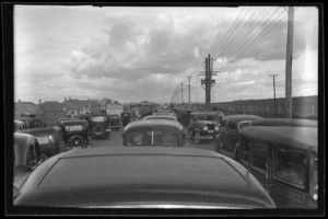 Motor cars at opening of state houses, Orakei