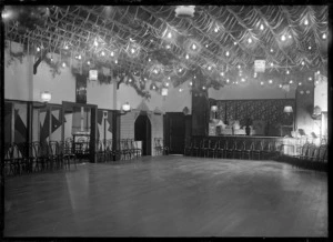 Staff social hall at the Hutt Railway Workshops, decorated for a ball