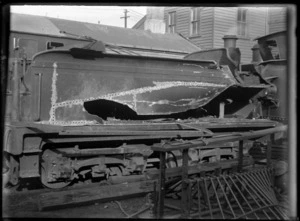Locomotive damaged in an accident at Allanton, photographed at Hillside Railway Workshops, 1926