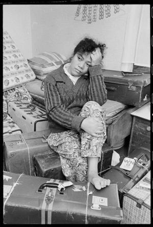 Ana Likio at her home in Waitangirua, surrounded by luggage - Photograph taken by Ray Pigney