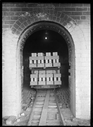 Interior view of the brickworks of the Silverstream Brick & Tile Company, 1930.
