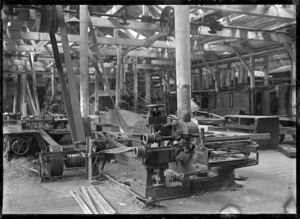 Interior of the wood machine shop at Hillside Railway Workshops, 1926.