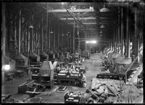 Interior of the old Blacksmiths' Shop at Petone Railway Workshops, 1928