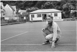 Margaret Sarginson, on the artificial grass surface at the Muritai Tennis Club