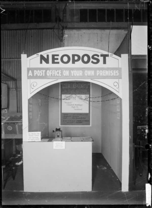 Stall at a trade fair advertising and displaying Neopost "A Post office on your own premises"