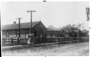 Gilling, Ernest, fl 1908-1912 :Public buildings, Tolaga Bay. Prot[ecte]d. 5 00. [Photograph by] E Gilling. New Zealand post card [ca 1909]